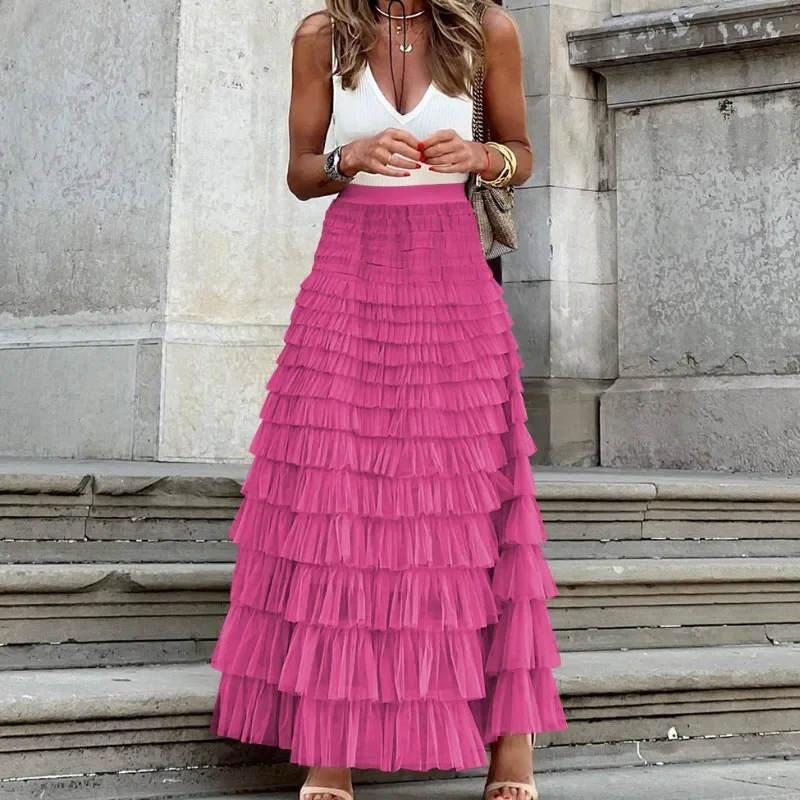 New Women's Solid Colors Mesh Ball Gown Elegant Ankle-Length Skirts High Waist A-line Skirt Fluffy Mesh Cake Dresses GZML0011