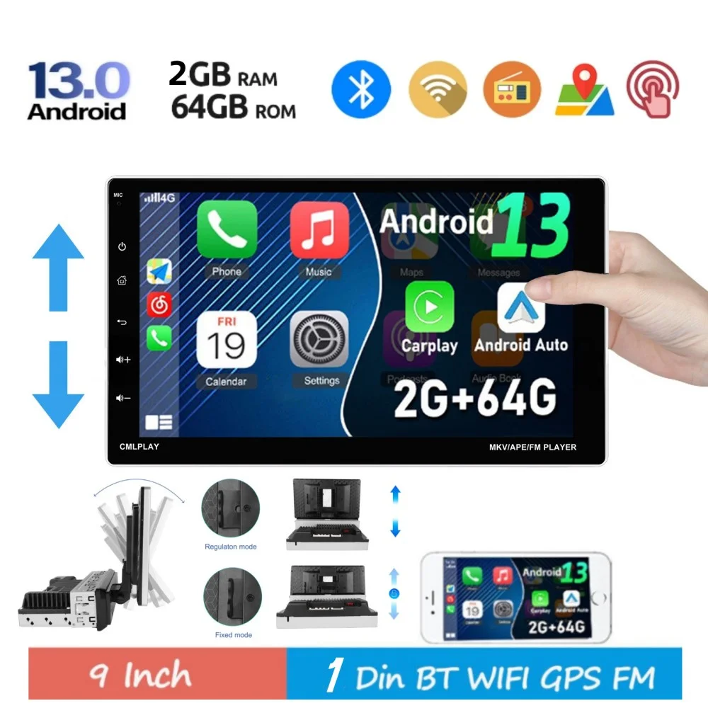 

9'' 1Din Car Radio 2GB+64GB Android Multimedia Video Player Rear View Camera Carplay Android Auto WIFI Bluetooth GPS Navigation