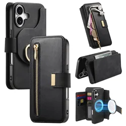 Detachable Magnetic Zipper Wallet Flip Case with Multi Card Slots and Finger Ring Holder for iPhone 14 Pro Max (Black)
