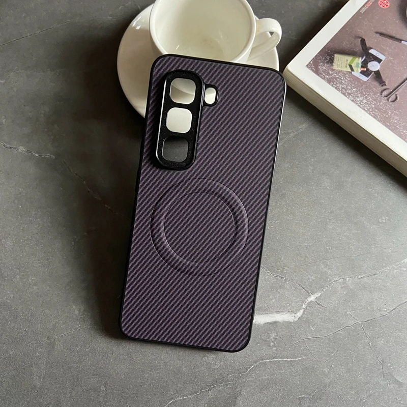 Magnetic Carbon Fiber Textured PU Leather Phone Case with Mag-Safe and Full Camera Protection