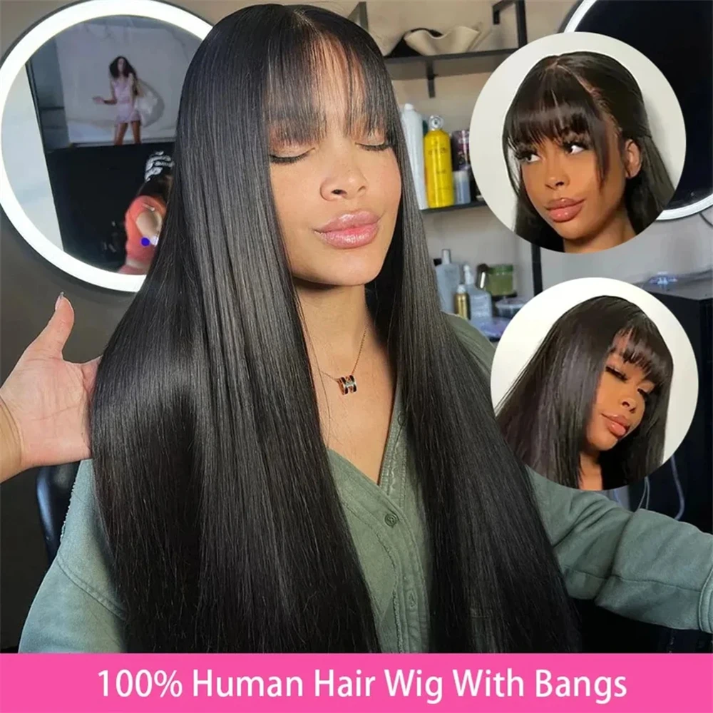 Straight Human Hair Wigs with Bangs 150% Density Machine Made Brazilian Virgin Human Hair Wigs for Black Women Natural Color