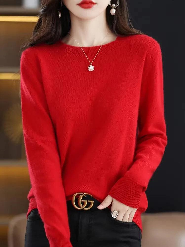 Autumn Winter Women Clothing Pullover New Fashion 100% Merino Wool Sweater Cashmere Tops Basic O-Neck Long Sleeve Knitwear - Image 6