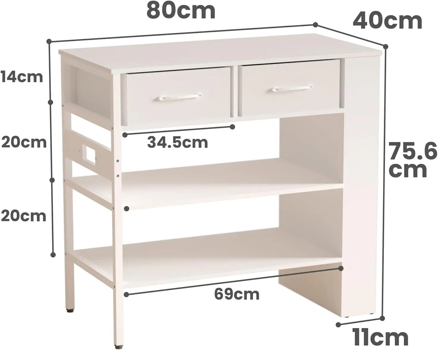 Modern Kitchen Island Bar Table with Open Storage Shelves, Power Outlet, Spice Rack (White)