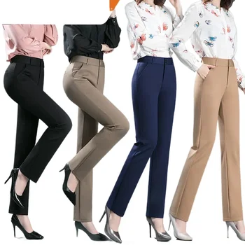 2025 Spring and Autumn Khaki High Waist Straight Baggy Pants Women, Navy Middle-aged Mom Stretch Casual Trousers,Plus Size M-8XL 1