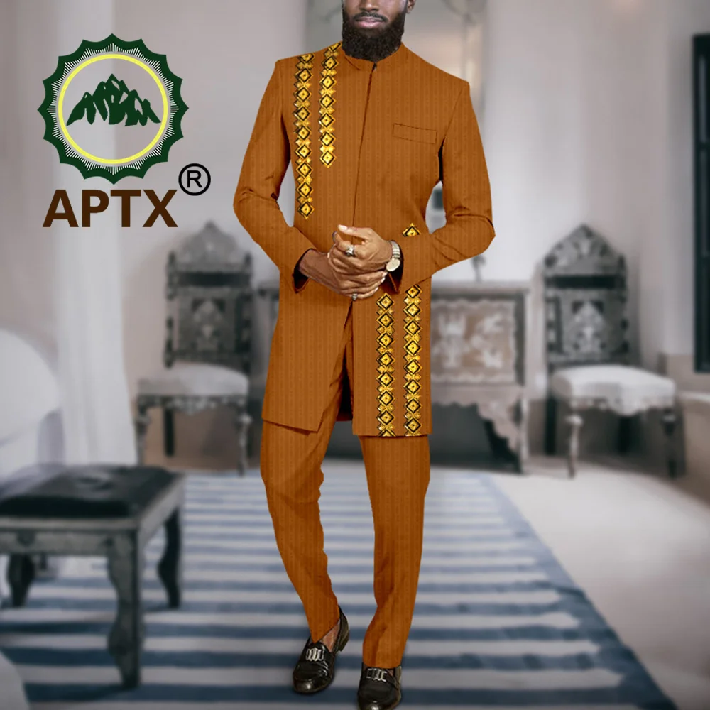 

African Clothes for Men Suits Fashion Business Attire Dashiki Ankara Jacket Pants 2 Pcs Set Wedding Party Bazin Riche A2316069
