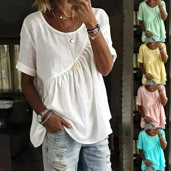 2026 European and American Cross-border Foreign Trade New Women's Clothing Spring and Summer Solid Color Round-neck Short-sleeve 1