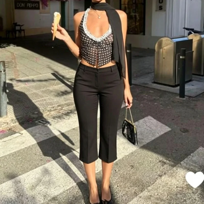 Women Casual Capri Pants Low Waist Stripes/Solid Color 3/4 Leggings  Fitness Workout Cropped Pants for Daily Wear - 3