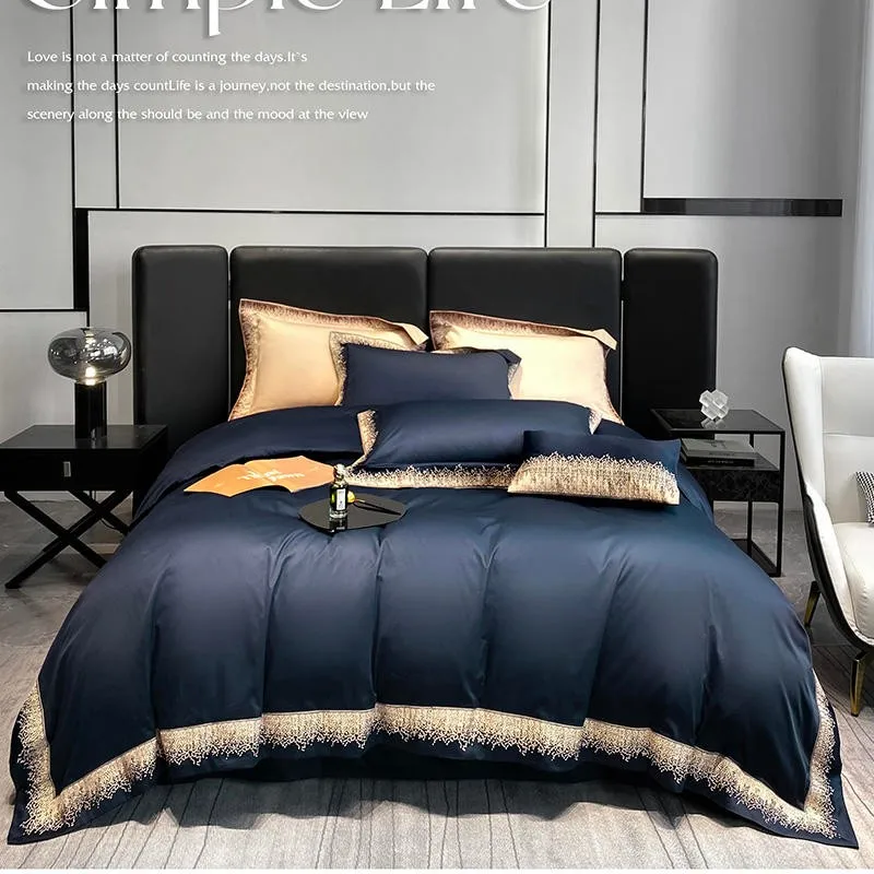 

Luxury Premium 1000TC Egyptian Cotton Navy Blue 4Pcs Bedding set Duvet Cover with Shiny Gold Embroidery Bed Sheet Pillowcases