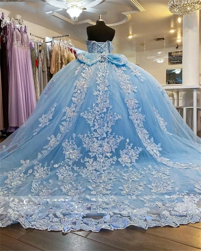 Real Image Sky Blue Ball Gown Quinceanera Dress Beaded Birthday Prom Dresses Appliques Graduation Gown Vestido De 15 Hot