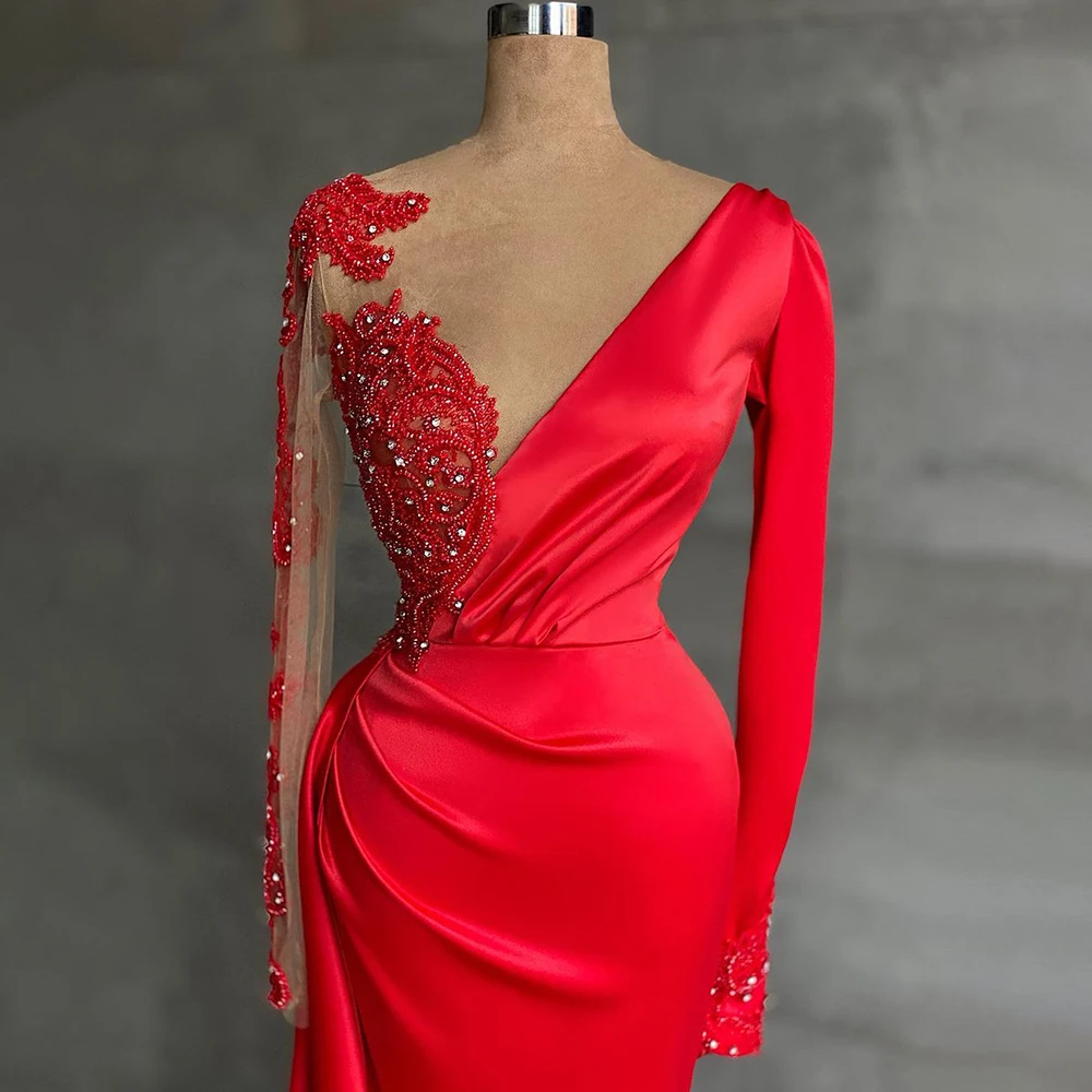 plus size formal dress Wasisi Red Muslim Mermaid Elegant Split Evening Dresses Gowns 2022 Satin Beaded For Women Party ELA71032 long sleeve evening dresses