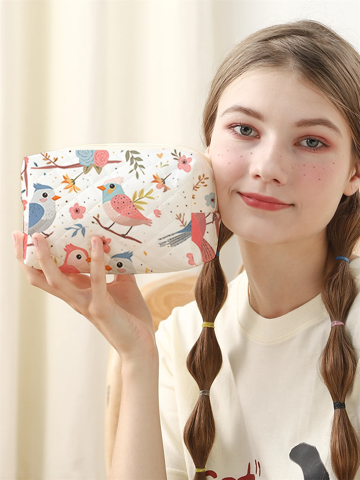 Bird pattern printed makeup bag, lightweight zipper storage bag, travel toiletries storage bag, toiletries travel bag