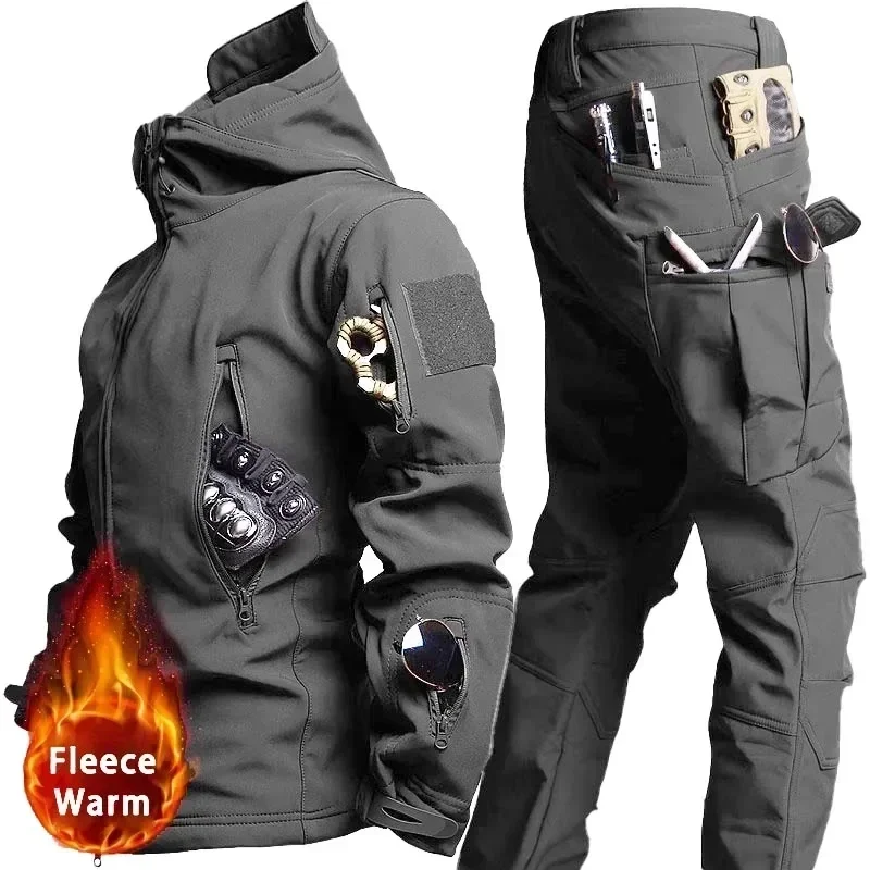 NEW Camo Fleece Warm Sets Winter Soft Shell Tactical Jacket Cargo Pant Outdoor Multi-pocket Waterproof Hunting Suit 3