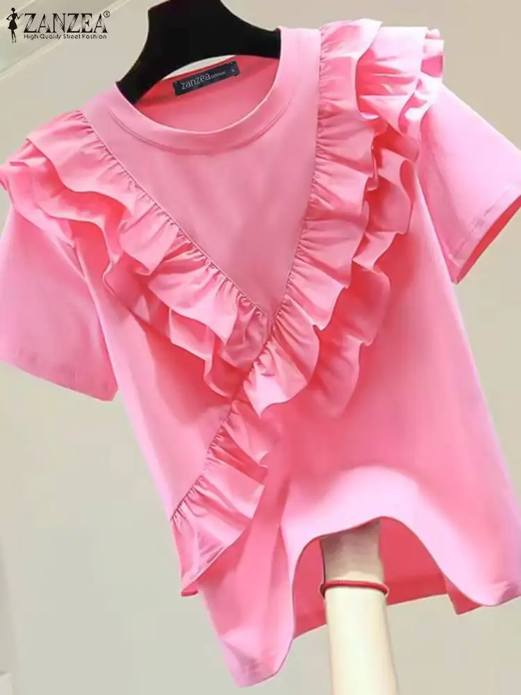 

Блузка ZANZEA женская с оборками в несколько рядов, модная винтажная рубашка с коротким рукавом, Повседневная Свободная однотонная, лето 2024