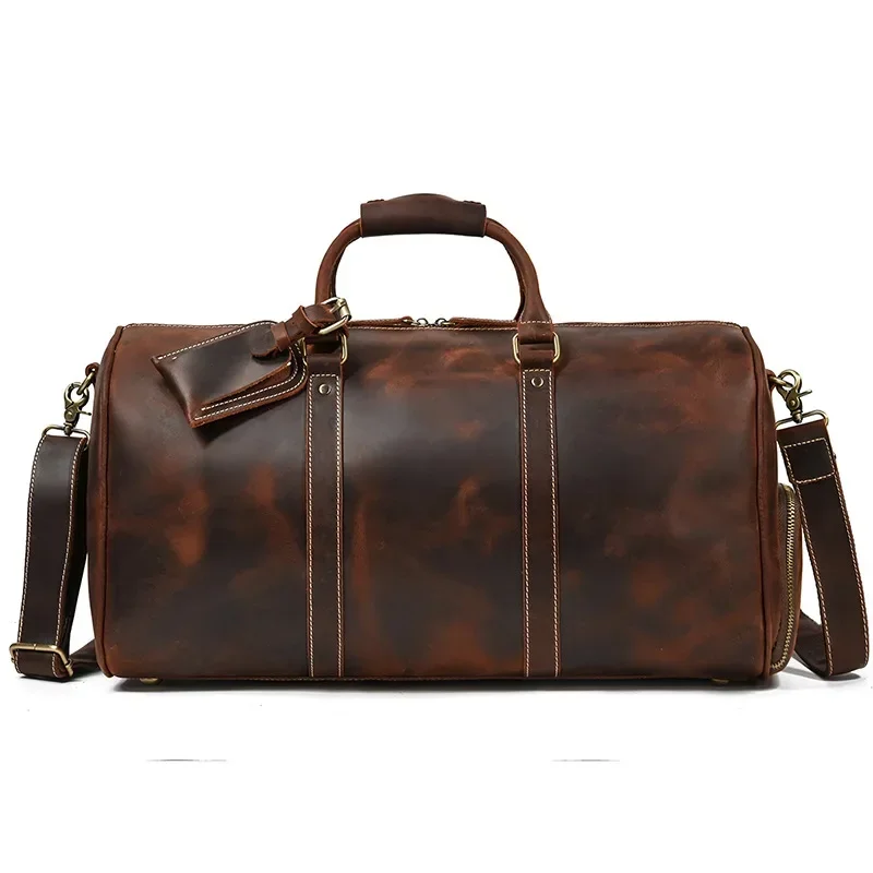 Men's Genuine Leather Travel Bag Crazy Horse Leather Vintage Luggage Bag Top Layer Cowhide 20 Inch Handbag Leisure Fitness Bag