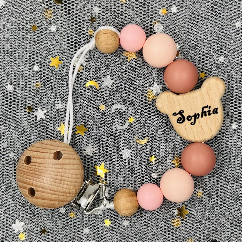 Custom Name Wood Personalized Baby Pacifier Chain Clip Silicone Bead Dummy Nipple Holder Teether Pendant Newborn Gift