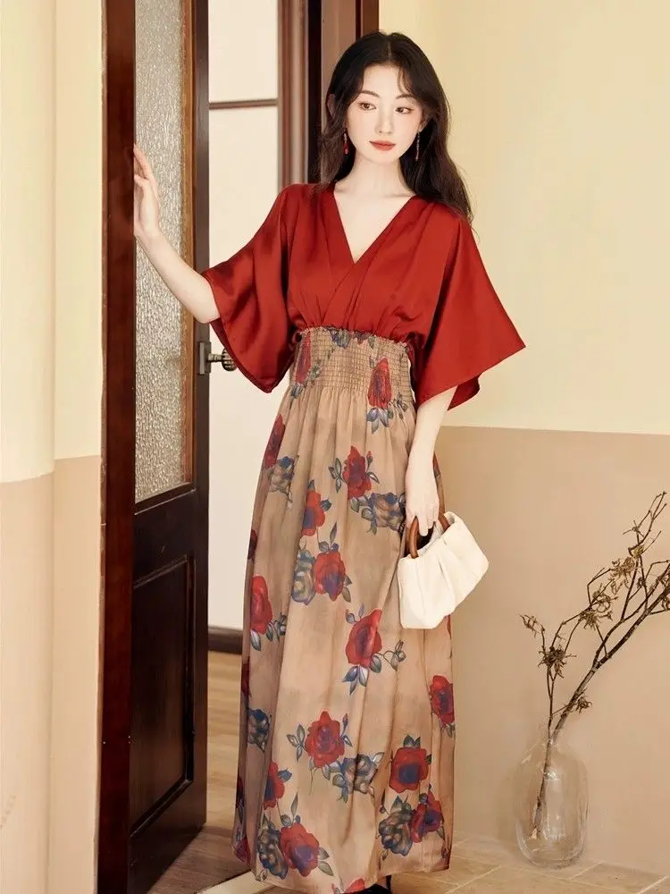 New Chinese Style Retro Ethnic Style Fake Two Red Dresses with a High-end Feel Niche Design Unique and Beautiful Long Skirt