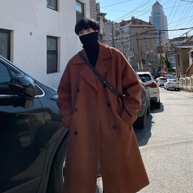 Autumn Winter Medium-Length Casual Trench Coat For Men Double-Breasted British Style Neat Jacket One Piece