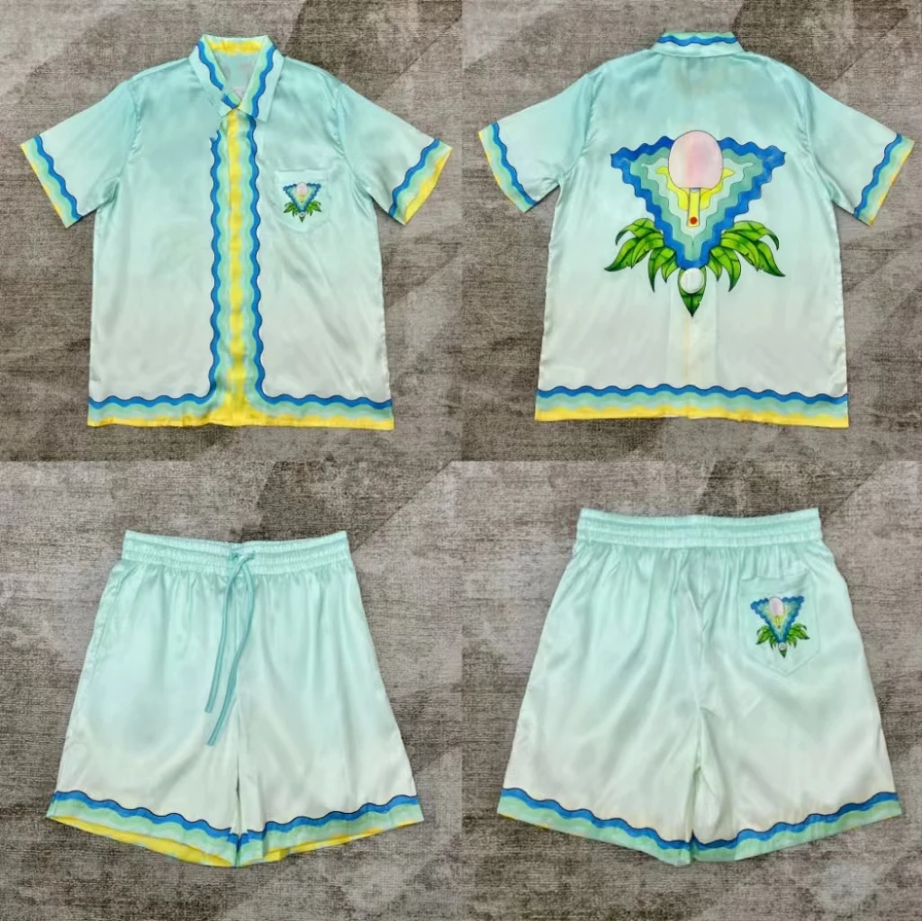 

Silk Vacation Plant Table Tennis Bat Printed Shirt Wave Gradient Men Women Short Sleeve Shirt Shorts
