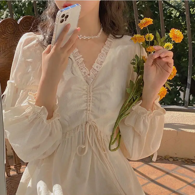Abito Da Donna A Trapezio Con Pizzo E Manica Lunga - Scollo Quadrato, Vita Alta, Elegante Per Feste E Uscite Quotidiane