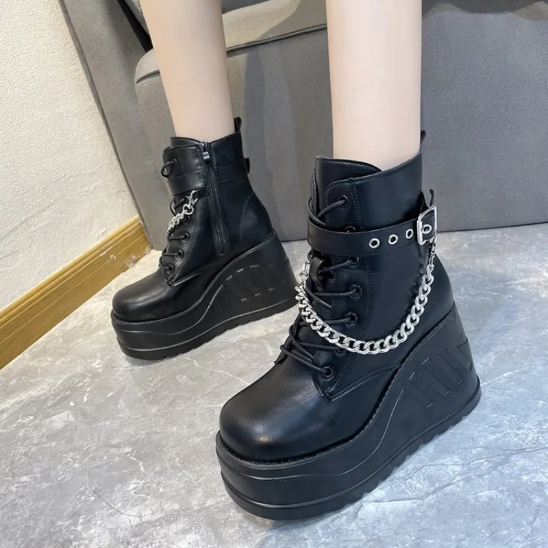 

2022 New Boots for Women Leather New Lace-Up Motorcycle Boots Ladies Flat Bottom Thick Soled Women's Ankle Boots Zapatos Mujer