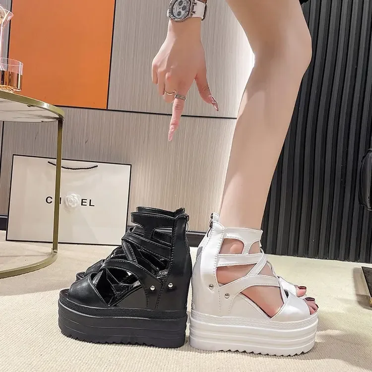 Women's High Heel Sandals 13CM Slope Heel Thick Bottom Cross Band Fish Mouth Shoes Increased Height Summer Shoes