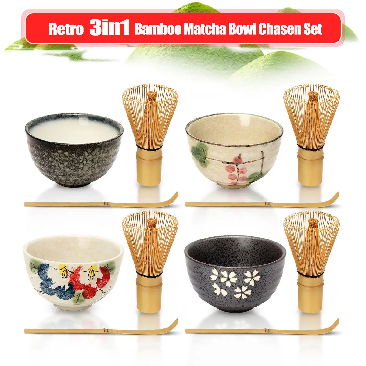 Elegant Traditional Matcha Giftset Natural Bamboo Matcha Whisk Scoop Ceremic Bowl Whisk Holder Japanese Tea Sets