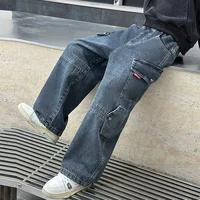 ربيع الخريف الاطفال فضفاض مستقيم فضفاض البضائع الجينز مع جيب لصبي التصميم الكلاسيكي الأزرق الدنيم السراويل الأطفال بناطيل كاجوال 2