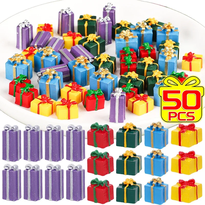10/50PCS Mini Christmas Gift Box Resin Simulation Cute Gift Children Desk Decoration Dollhouse Garden Home DIY Craft Figurines