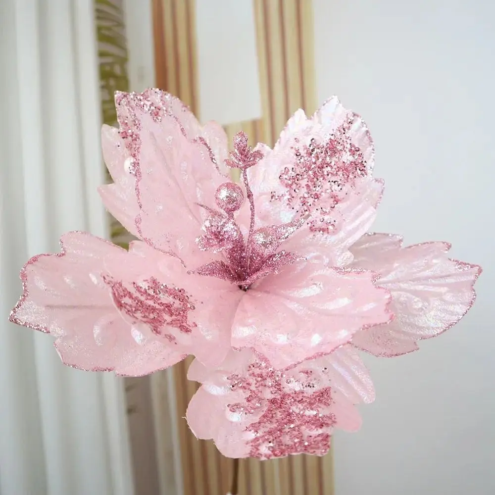 New 25CM Artificial Silk Flower Pink Sequin Fabric Flower Arrangement Ins Style Silk Decorating Flowers Christmas Tree