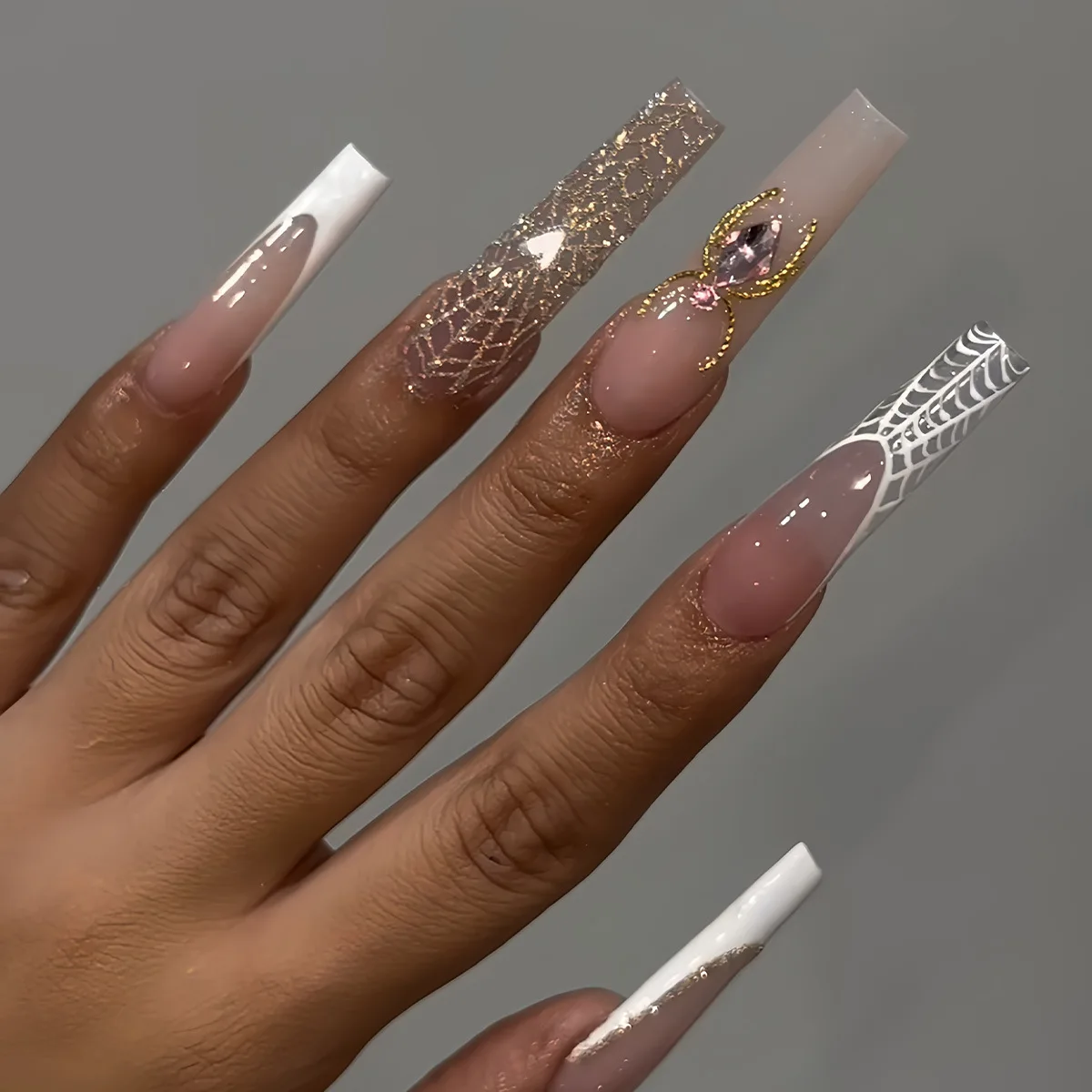 24pcs Long Ballet French Press on Nails Halloween Glitter Red Crystal Spider Design Fake Nails Wearable European False Nails 2 24pcs Long Ballet French Press on Nails Halloween Glitter Red Crystal Spider Design Fake Nails Wearable European False Nails - Image 2