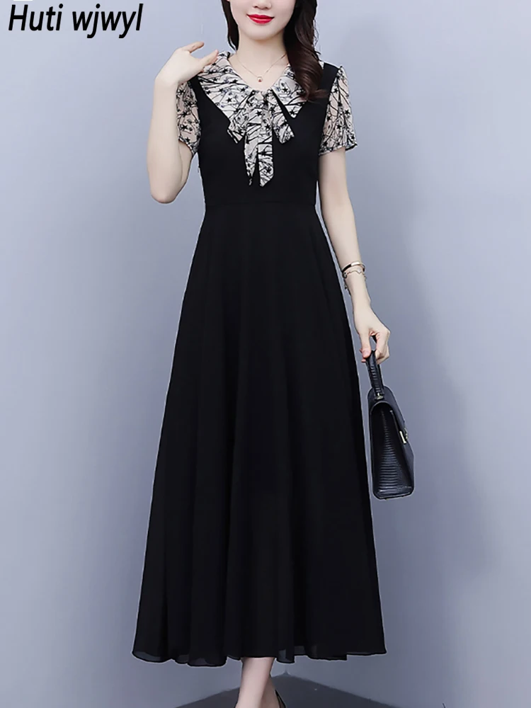

Черное корейское винтажное платье миди 2024, женское модное шикарное платье-поло в стиле пэчворк с воротником-стойкой и бантом, летнее элегантное облегающее платье