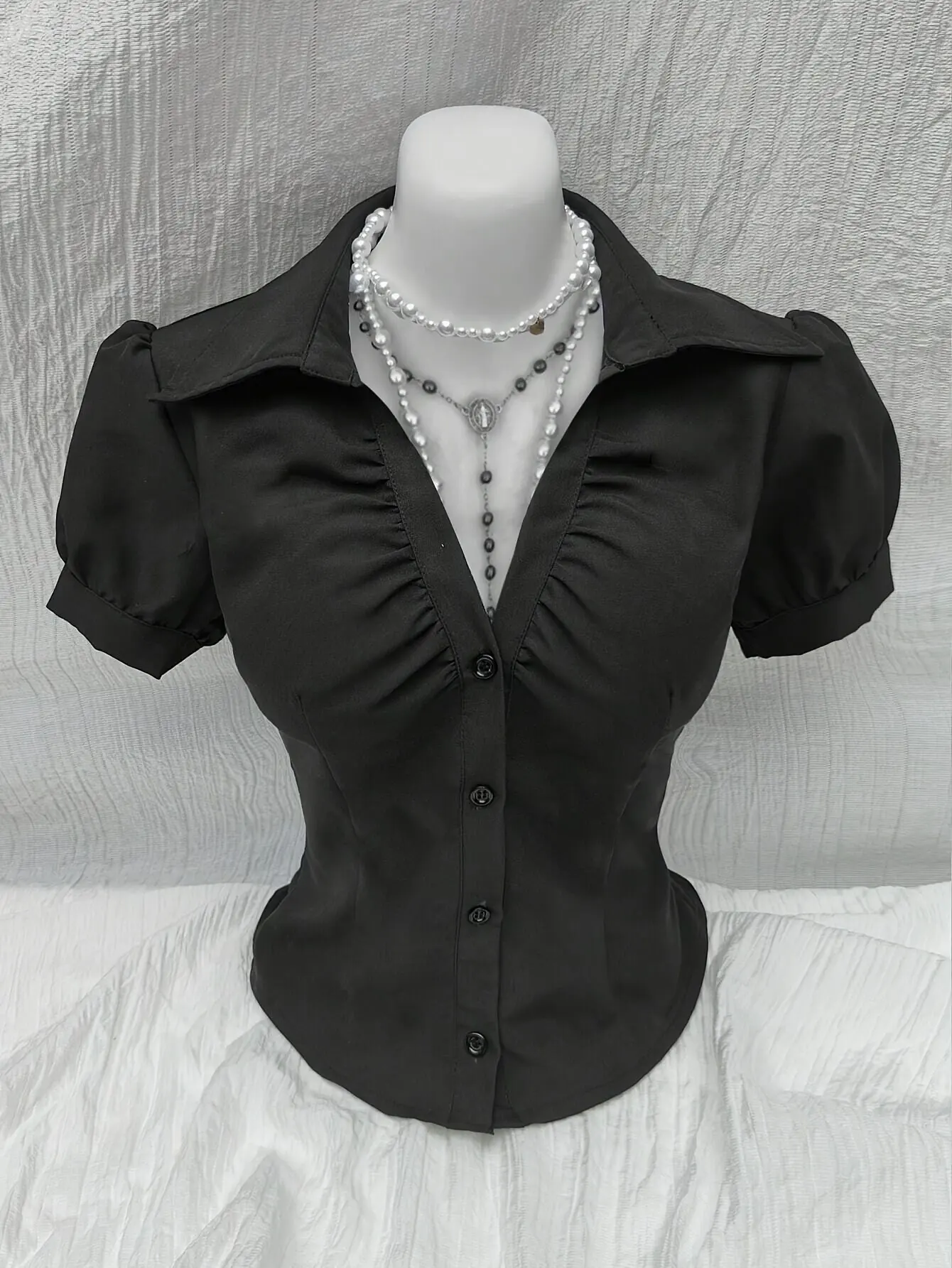 Women Shirts Black Short Sleeve Collared Button Down Blouse Tops Shoujo Girl Goth Aesthetic Y2K Harajuku
