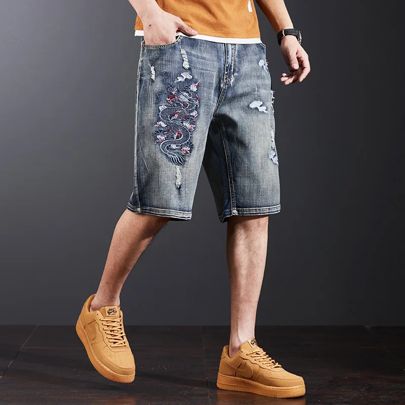 Summer Embroidered Split Denim Shorts Men's Loose Straight Mid pants Thin style Embroidered Cowboy Shorts Plus Size 42 44