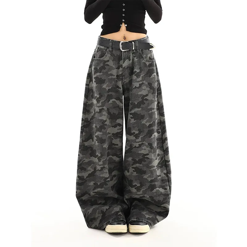 Women camouflage Jeans Sense design Vintage High Waisted Straight Denim Trouser Y2K American Streetwear Wide Leg Denim Pants ﻿ 4
