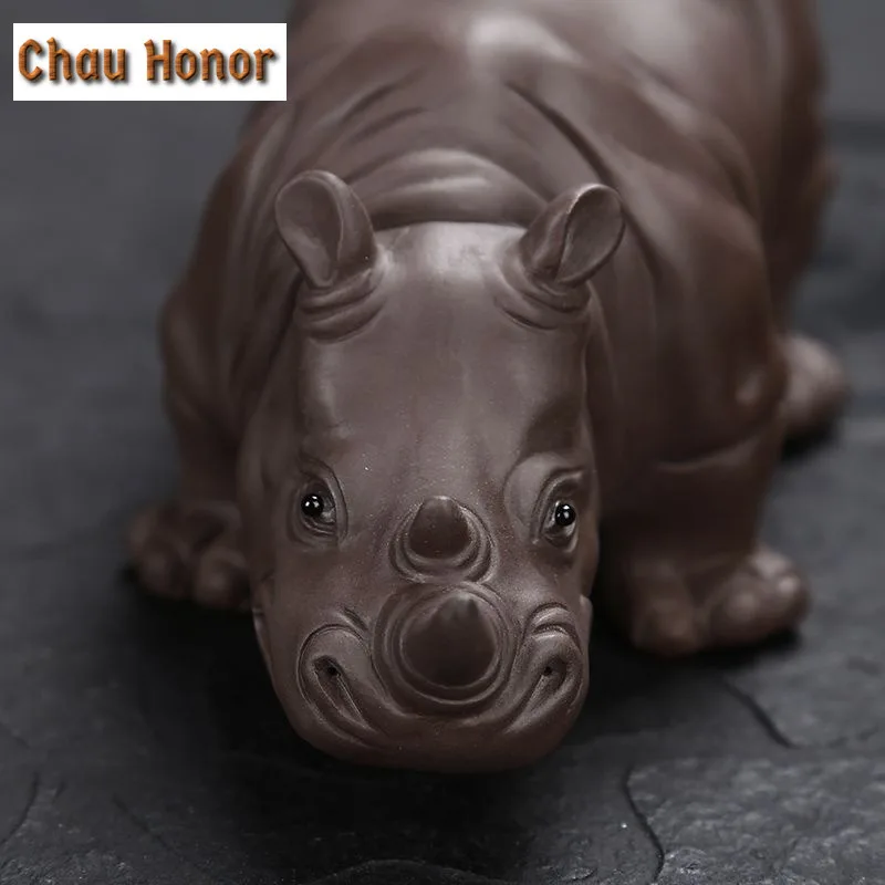 Exquisite Purple Clay Rhinoceros Ceramic Animal Figurines Zisha Tea Pet Crafts Household Office Tea Accessories Car Decoration