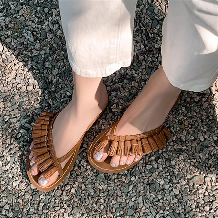 

Fringed Women Slippers Retro Flip Flops 2024 Summer Outside Flat Beach Shoes Ladies Casual Slides Tassels Gladiator Sandals