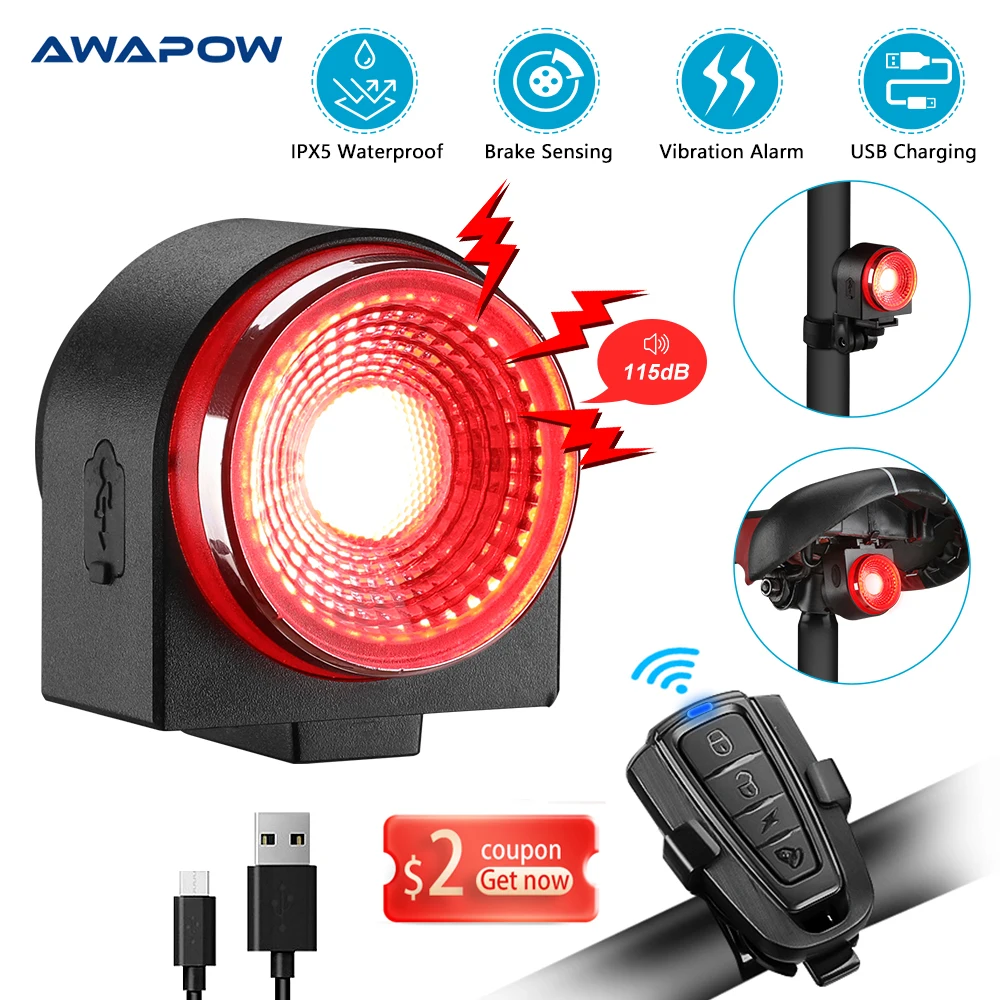 Awapow Anti Theft Bicycle Tail Light Alarm USB Rechargeable Super Bright Bike Light IP65 Waterproof LED Taillight Bicycle Lamp