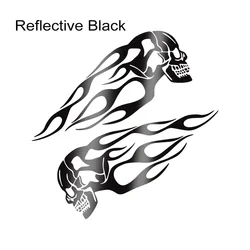 Flame Skull Reflective Motorcycle Tank Decal Stickers - Waterproof Decorative Accessories (Set of 2) (Black)