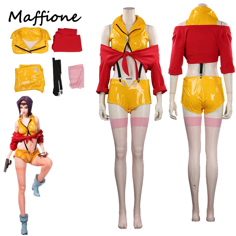 

Anime Cowboy Bebop Faye Valentine Cosplay Costume Women Outfits Red Coat Yellow Tops Pants Full Set Halloween Carnival Suit