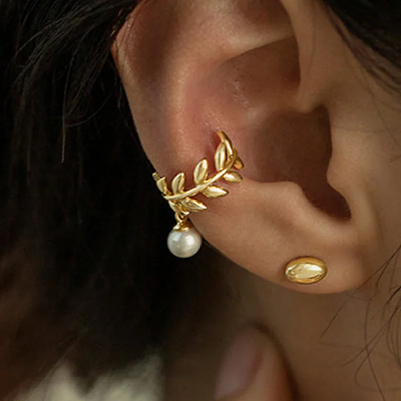 1pc Kpop Elegant Leaf Ear Clip No Piercing Earrings for Women Imitation Pearl Ear Cuff Y2k Accessories Jewelry Gifts EF088, ear clip earrings, clip earrings, ear clip