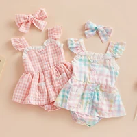 ma&baby 0-18M Newborn Infant Baby Girls Romper  Plaid Lace Ruffle Jumpsuit Playsuit + Bow Headband Summer Outfit 2