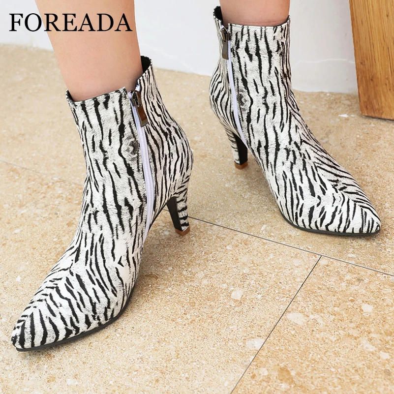 

FOREADA Women Ankle Boot Pointed Toe Thick High Heels Zipper Mixed Colors Short Boot Ladies Fashion Shoes Autumn Winter Khaki 46