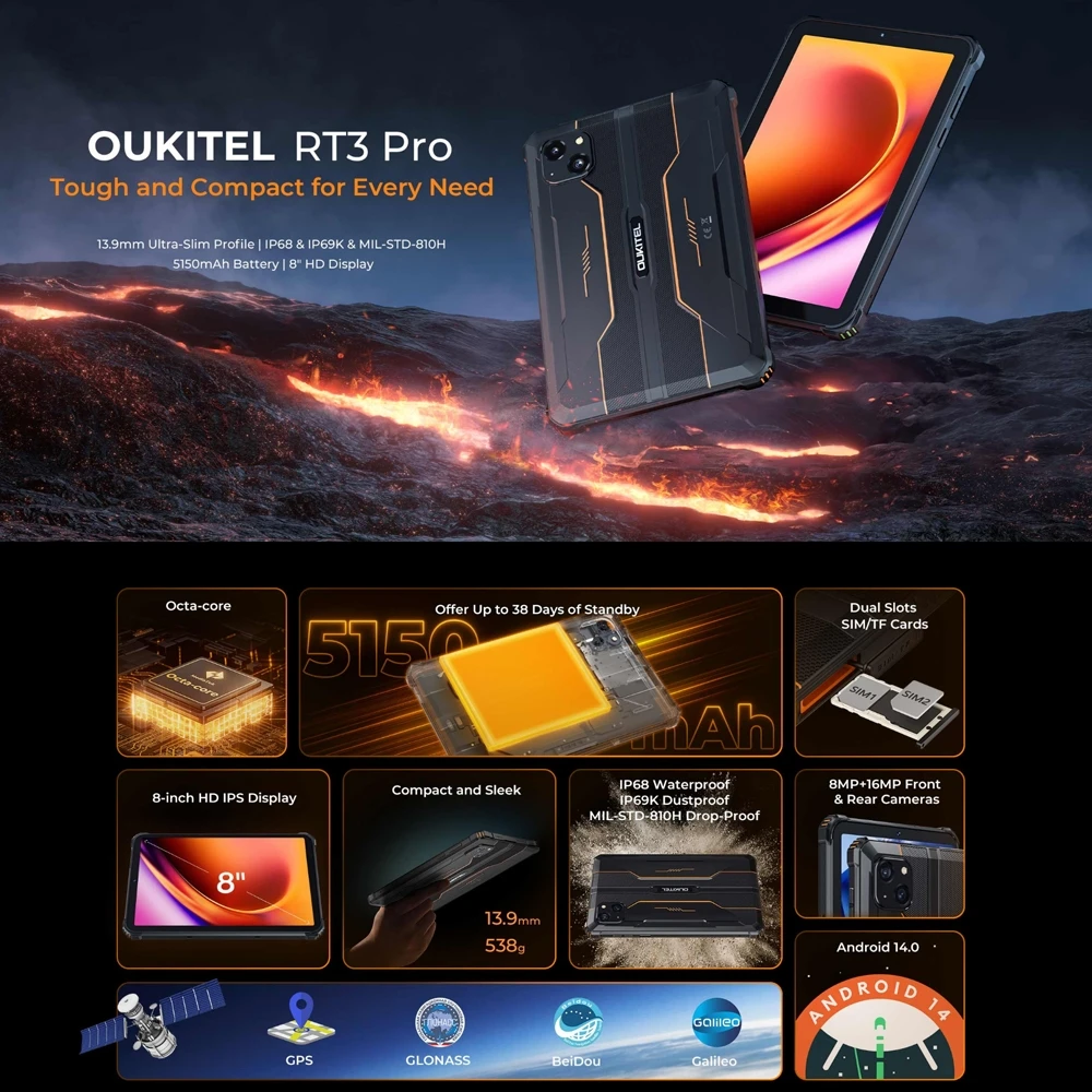 OUKITEL RT3 Pro Rugged Tablet PC 4GB+128GB 8.0'' Android 14 MediaTek G81 Octa Core 5150mAh 33W Tablet PC
