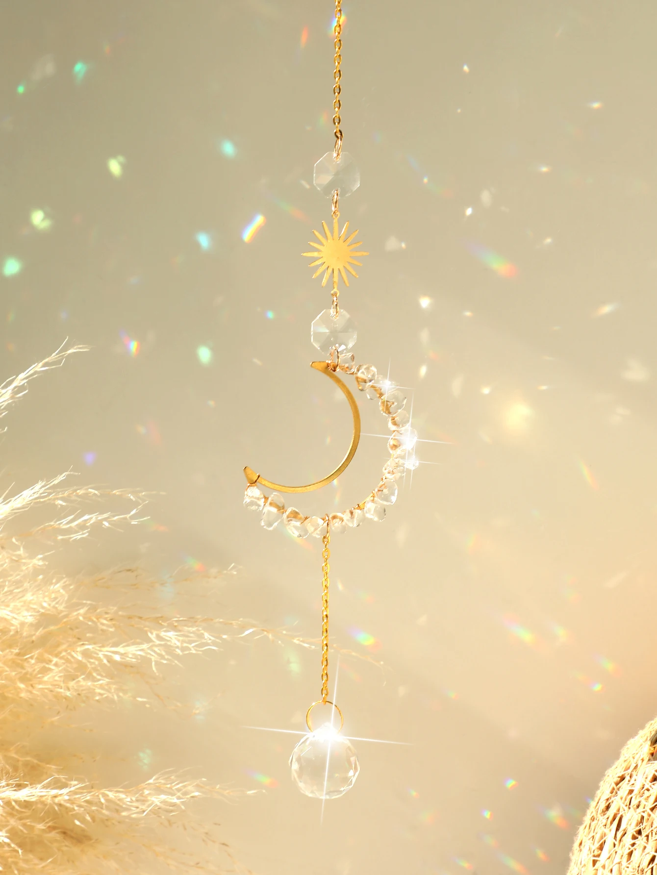 Suncatcher Window Prisms Crystal Pendant Rainbow Vintage Wind Chimes Moon Sun Hanging Garden Light Catcher Home Decoration Gift