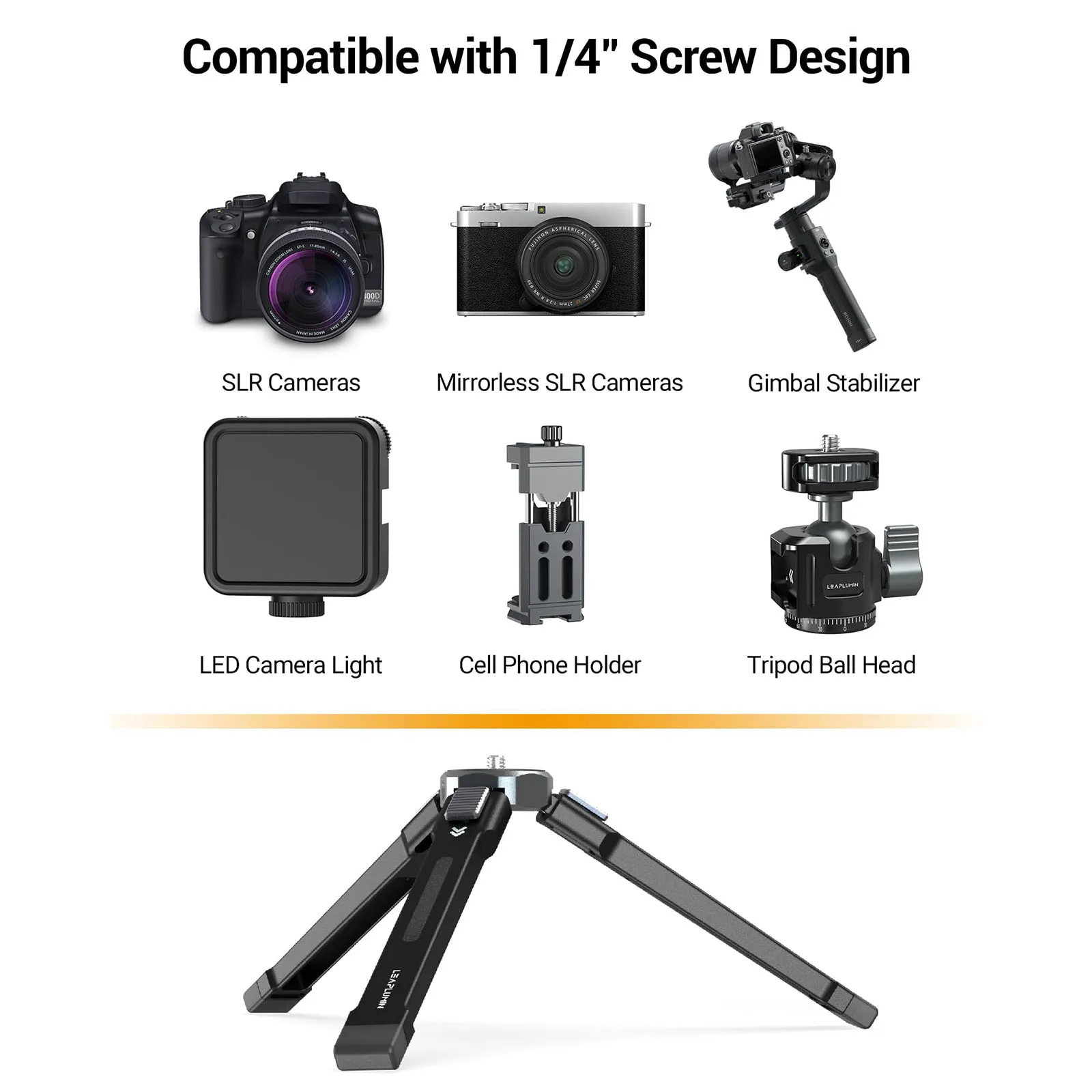 Description Picture 5 of itemPortable Desktop Tripod w/ 1/4 Thread Aluminum Alloy Compact Tripod for Camera/Phone/Webcam Gimbal DSLR Camera Video Camcorder