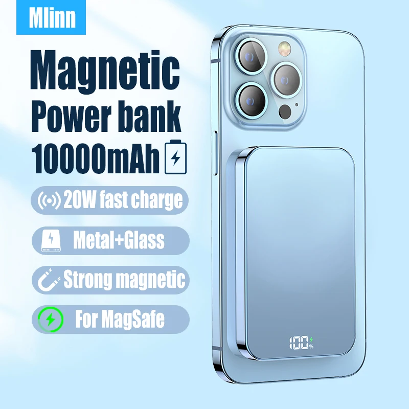 

10000mAh Magnetic Wireless Power Bank Metal Frame Glass Back PD 20W Qi 15W For iPhone12 13 Portable External Battery Powerbank