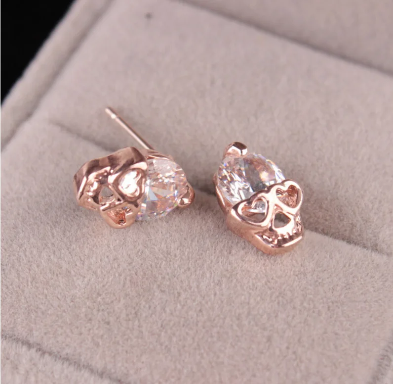 Rose Gold Color Skull Stud Earrings With Sparkling Zircon Cute Hip-Hop Style Street Punk Neutral Earrings For Couples jewelry 4