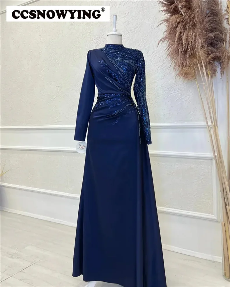 

Appliques Beaded Muslim Evening Dresses Islamic Satin Long Sleeve High Neck Formal Party Gown Arabic Dubai Hijab Robe De Soirée