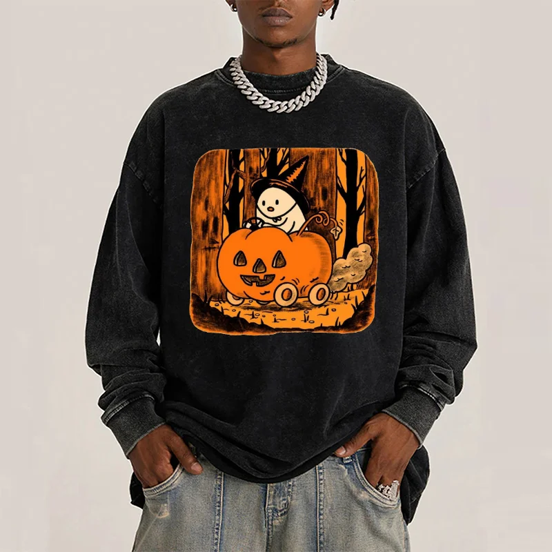 Leisure Sports Loose Hooded Sweatshirt Halloween Round Neck Long Sleeve Unisex Casual Washed Pullover