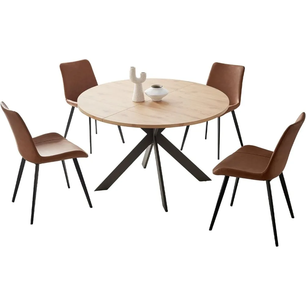 46.4" Round Table Set, Mid-Century Modern Round Dining Table for 4-6 People (1 Table with 4 Brown Chairs) 3